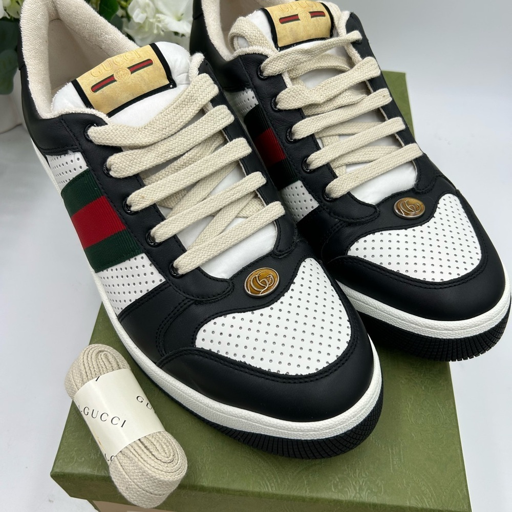 Men's Gucci, low top screener sneakers black white paneled leather design 12.5